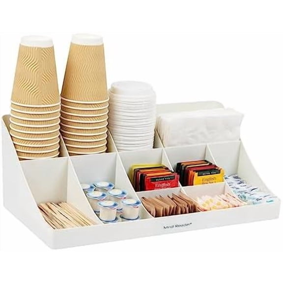Cup and Condiment Station, Countertop Organizer, Coffee Bar, Kitchen, Stirrers, 17.875"L x 9.5"W x 6.625"H, White