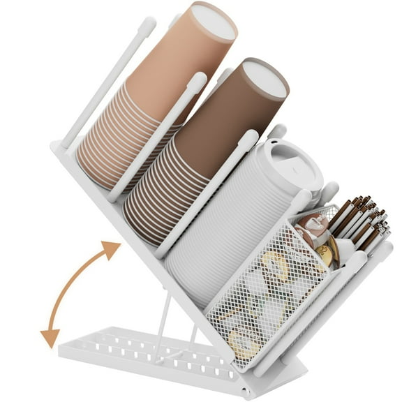 Cup and Lid Holder - Adjustable Coffee Cup Holder Organizer 4 Compartment Disposable Cup Dispenser with Coffee Pod Straw Storage Basket
