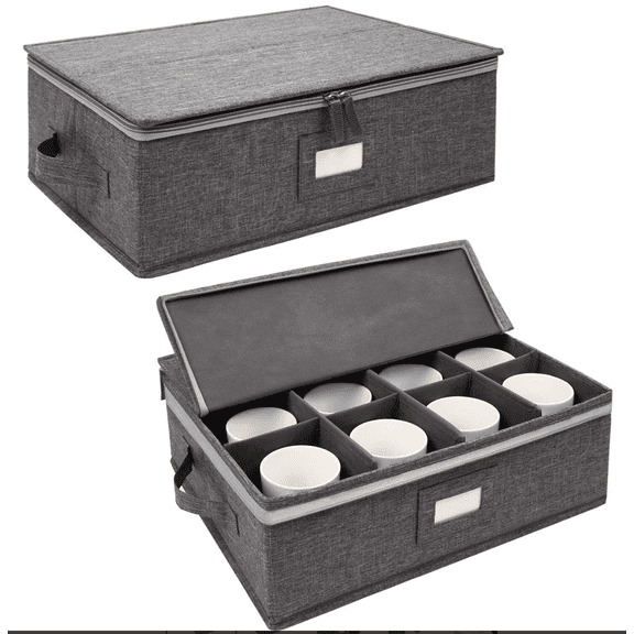 Cup and Mug Storage Box 2 Pack, China Storage Containers Boxes Holds 12 Coffee Mugs and Tea Cups with Lid and Handles, Hard Top, Sides and Stackable
