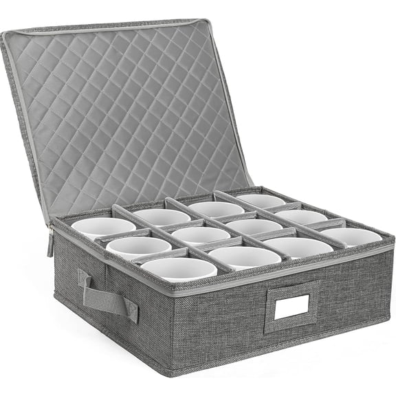 Cup and Mug Storage Container, Hard Shell, China Coffee Mug Storage Box for Moving, with Dividers & Handles, Holds 12 Tea Cups, Grey