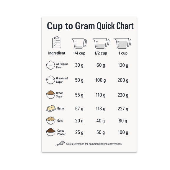 Cup to Gram Quick Chart - Kitchen Enthusiast - 13x19 Poster Print