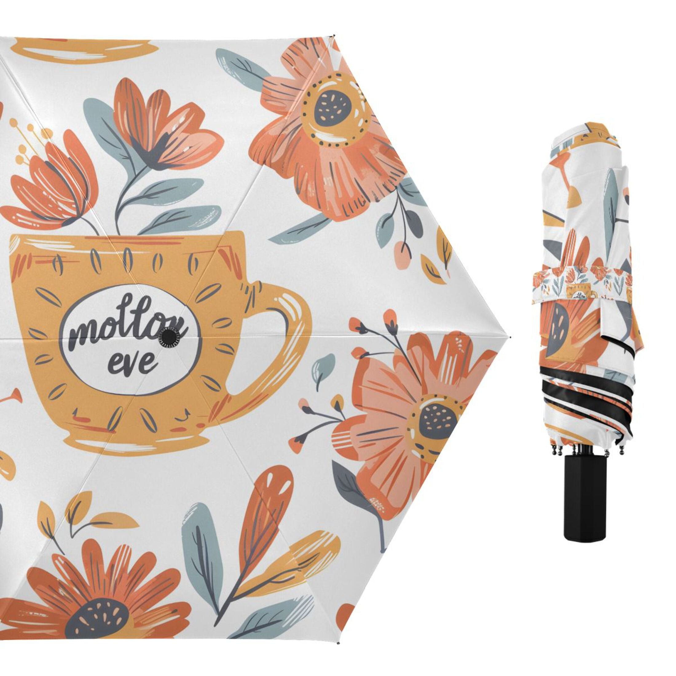 Cup with Flowers Compact Sun Umbrella Windproof Travel Umbrellas for Rain Strong Portable UV Protection