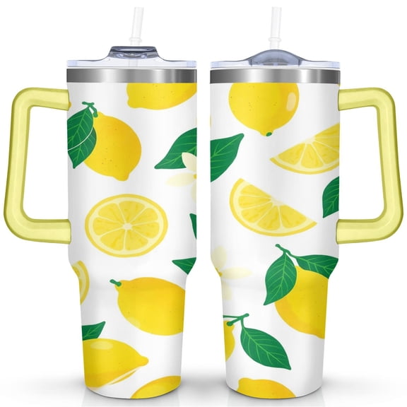 Cup with Handle and Straws 40 oz Insulated Lemon Travel Cup Birthday Present for Women Girls Daughter Mom Gifts for Him/Her Water Bottle
