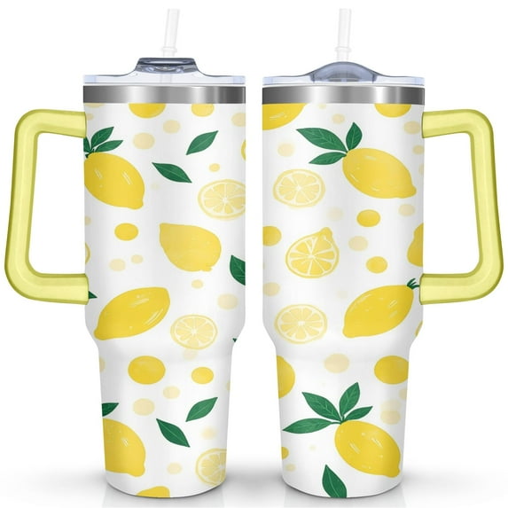 Cup with Handle and Straws 40 oz Vacuum Insulated Lemon Travel Cup Birthday Present for Women Girls Daughter Mom Gifts for Him/Her Coffee Mugs