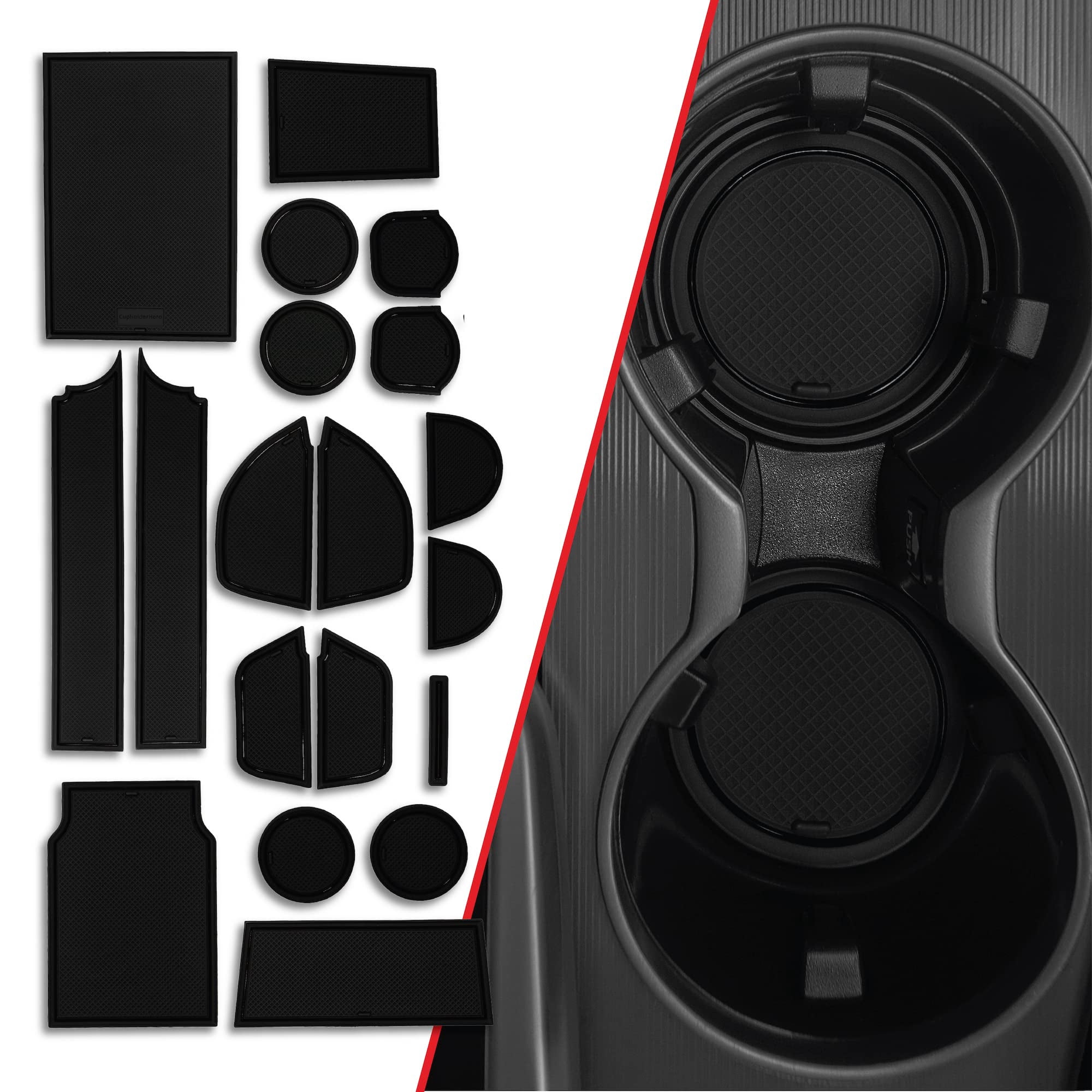 CheroCar 25-Piece Non-Slip Cup Holder & Center Console Liner Mats For Ford F-150 Raptor 2009-2014 – Black With Red Trim