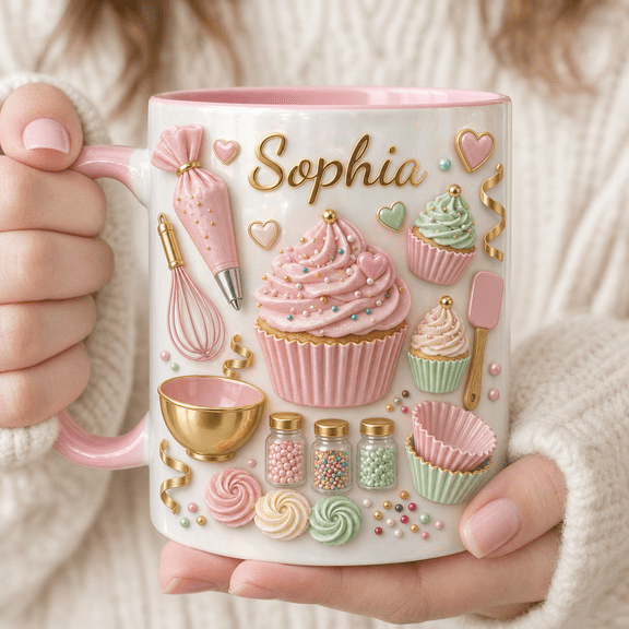 Cupcake Baker Mug Custom Name Accent Mug, Personalized Cupcake Lover Gift