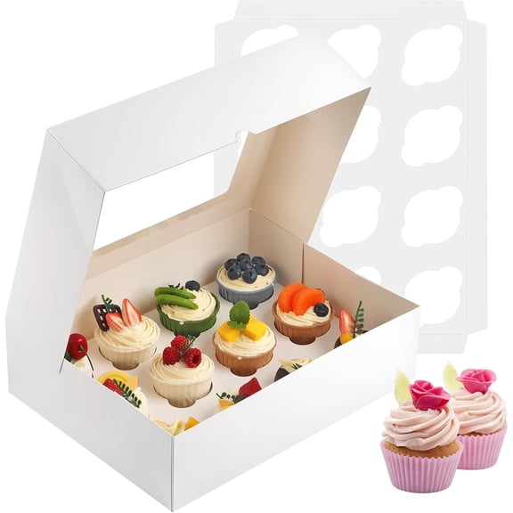 Cupcake Boxes, 2 Pack Disposable Cupcake Containers, Food Grade Cupcake Carrier 12 Count with Window and Inserts, Cupcake Transport Holders Bulk for Muffins Cookies Treats Dessert（White）