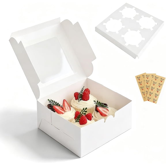 Cupcake Boxes 4 Count with Window, Bakery Boxes, Muffin Containers, Food Grade, Easy Assembly for Candies, Mini Cakes and Baked Goods - 6.3x6.3x3, 30 Pack
