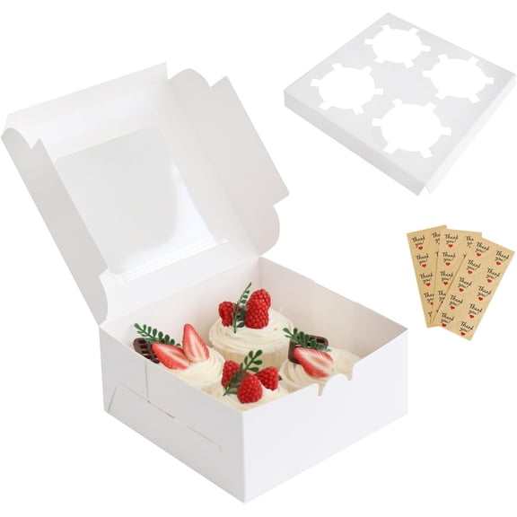 Cupcake Boxes 4 Count with Window, Bakery Boxes, Muffin Containers, Food Grade, Easy Assembly for Cookies, Candies, Mini Cakes and Baked Goods - 6.3x6.3x3, 30 Pack