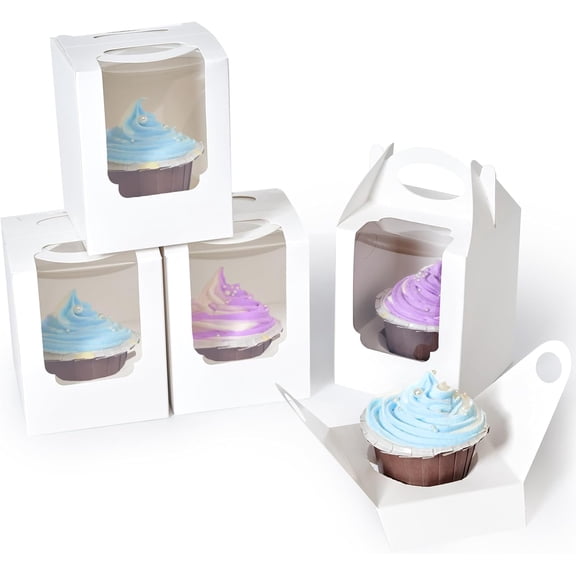 Cupcake Boxes, Individual Cupcake Containers Brown with Window Insert and Handle, Pastry Box Single Muffins Holder Disposable for Bakery Wrapping Party Favor Packaging