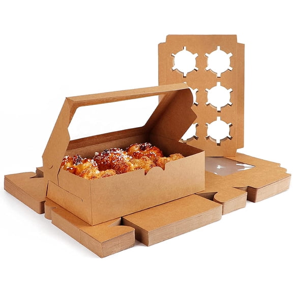 Cupcake Boxes, 50pcs 9.4" x 6.2" x 3.0" Muffin Containers 6 Count with Insert and Display Window, Kraft Muffin Cupcake Box Carrier Packaging Cupcake Boxes Fits 6 Cupcakes or Muffins