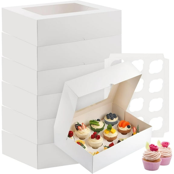 Cupcake Boxes, 6 Pack Disposable Cupcake Containers, Food Grade Cupcake Carrier 12 Count with Window and Inserts, Cupcake Transport Holders Bulk for Muffins Cookies Treats Dessert（White）