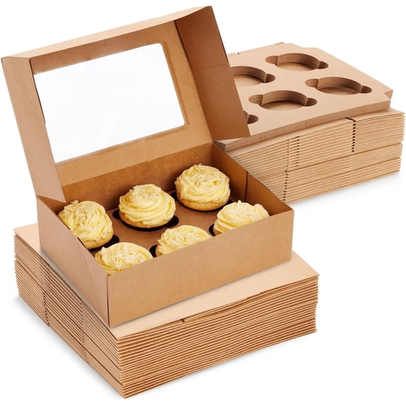 Cupcake Boxes - Clear Window Display - Easy Assembly for Muffin Packaging - Food Grade Cupcake Containers - Pack of 24, 6-Count, Brown Paperboard, 9.4 x 6.2 x 2.9 in