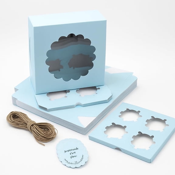 Cupcake Boxes with Insert, Brown Cupcake Carrier, Food Grade Kraft Bakery Boxes with Windows and Inserts to Fit 4 Each Pack For Cupcakes Muffins or Pastries (Blue, Pack of 10)