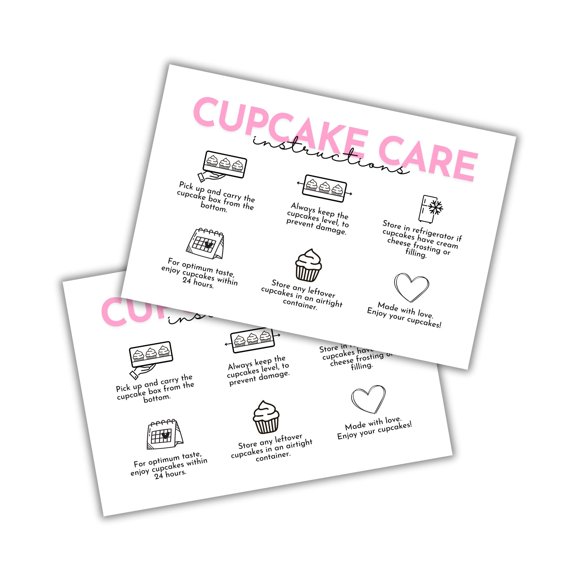 Cupcake Care Instruction Guide Cards  30 pk 4x6 Bakery Dessert Storage DIY Cookie Cinnamon Roll Sourdough Package Template Loyalty Client Editable
