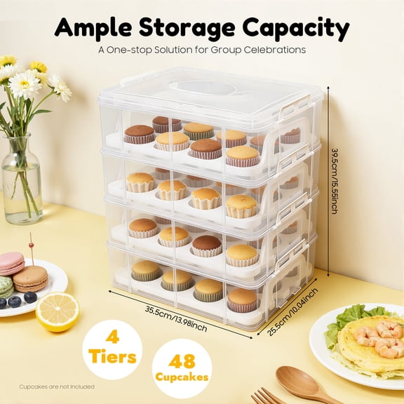 Cupcake Carrier for 48 Cupcakes, Clear Plastic Display & Transport Stand with Lids,4 Tier Detachable Stackable Dessert Tray for Parties, Bake Sales, Birthday