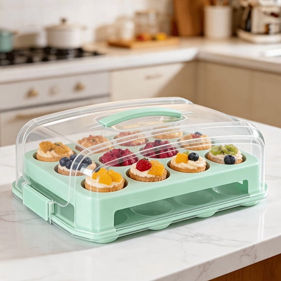Cupcake Carrier, EXTRA TALL LID, Fashionable Green Cupcake Holder Carries 24 Standard-Size Cupcakes, Durable Muffin Traveler Two Tier Stand and Reusable Cupcake Box (Seafoam Green)