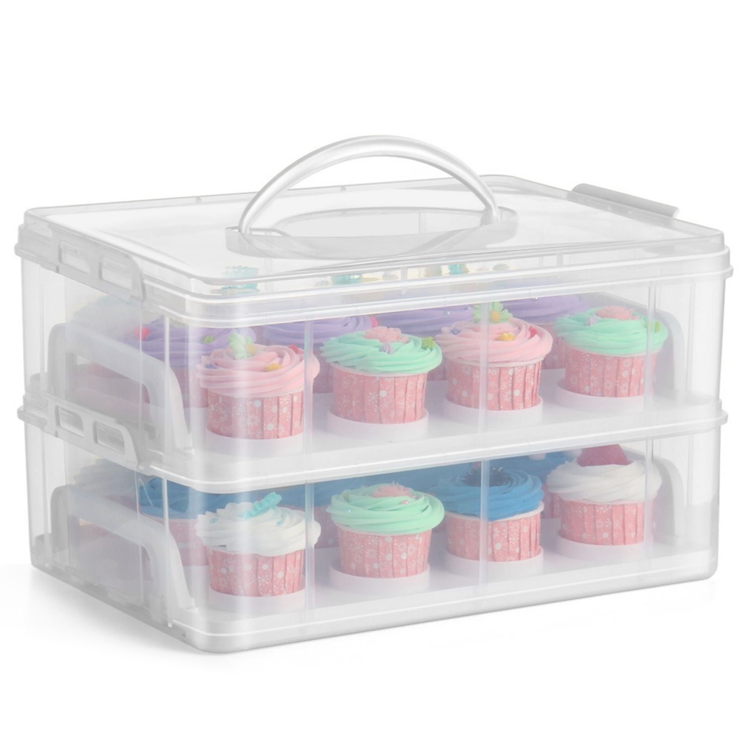 Cupcake Carrier Holder Container Box (24 Slot, 2 Tier) - 24 Cupcakes Slot or 2 Large Cakes Pastry Clear Plastic Storage Basket Taker Courier with 2 Tier Stackable Layer Insert (Clear)