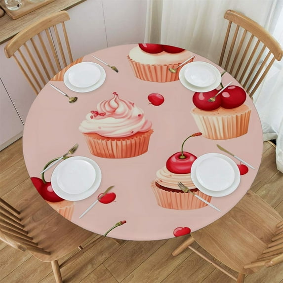 Cupcake Cherry Elastic Round Tablecloth - Waterproof & Oil-Resistant Polyester Fabric, Elastic Hem Fits 40-44 Inch Round Tables, Wrinkle-Free for Indoor/Outdoor Use