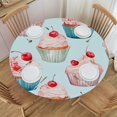 thumbnail image 1 of Cupcake Cherry Elastic Round Tablecloth - Waterproof & Oil-Resistant Polyester Fabric, Elastic Hem Fits 40-44 Inch Round Tables, Wrinkle-Free for Indoor/Outdoor Use, 1 of 6