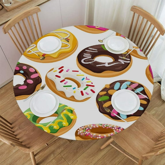 Cupcake Cherry Elastic Round Tablecloth - Waterproof & Oil-Resistant Polyester Fabric, Elastic Hem Fits 40-44 Inch Round Tables, Wrinkle-Free for Indoor/Outdoor Use