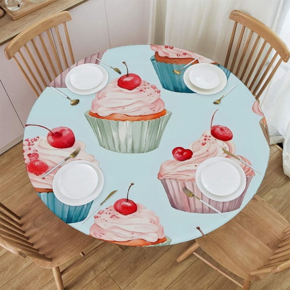 Cupcake Cherry Elastic Round Tablecloth - Waterproof & Oil-Resistant Polyester Fabric, Elastic Hem Fits 40-44 Inch Round Tables, Wrinkle-Free for Indoor/Outdoor Use