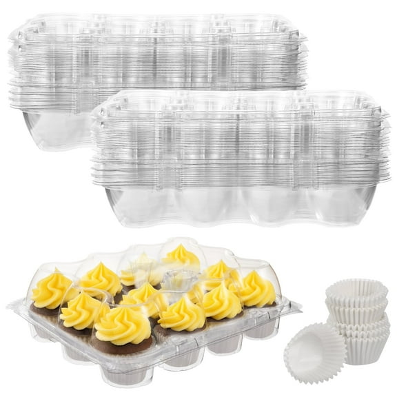 12 Pack x 12 Sets Cupcake Containers, Clear Cupcakes Box Cupcake Holder Cupcake Carrier Holders with High Tall Dome Lid and 144 Liners, Thicker Stackable Plastic Dessert Boxes for Muffins Cupcakes