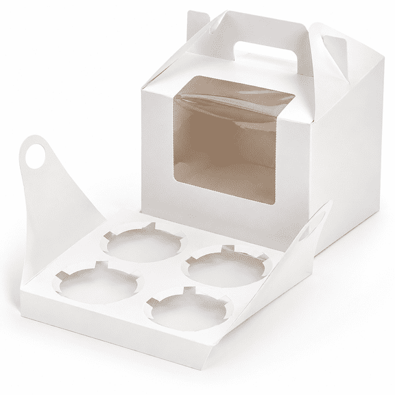 Cupcake Containers, White Kraft Paper Cupcake Boxes with Insert Window and Handle, Cupcake Holder Bakery Pastry Boxes, Gable Party Favor Treat Boxes for Wedding Mother's Day