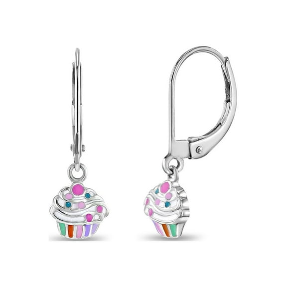 Cupcake Dangle Kids / Girls Earrings Lever Back - Sterling Silver