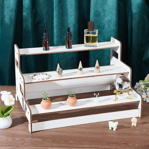 Cupcake Display Stand 3 Tier Stepped Wood Display Stand White Rustic Cupcake Stands Tabletop Cupcakes Display for Food Dessert Table Display Retail Display Riser 40.5x30x23cm