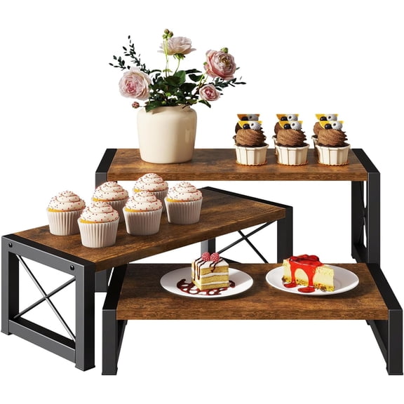 Cupcake Display Stand, Set of 3,Large Wood Risers Display Stands,Dessert Stand for Party,Tiered Serving Stand for Decor, Doll,Food,Perfume,Rustic Brown UTLJ019H