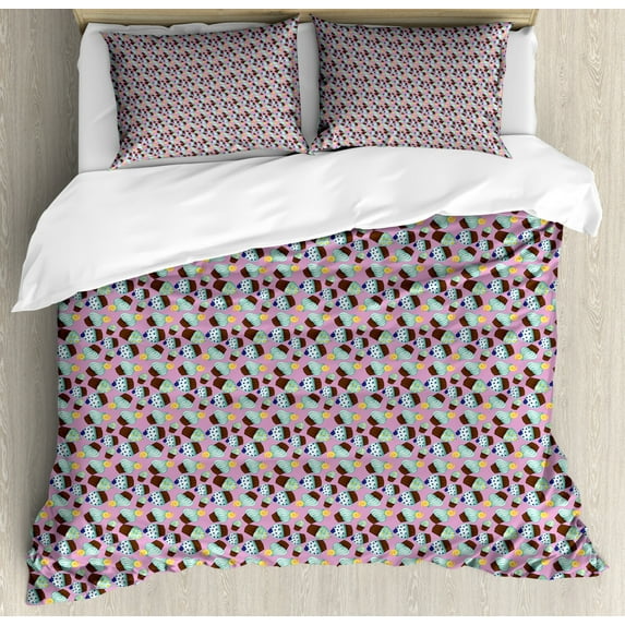 Cupcake Duvet Cover Set King Size, Mint Colored Birthday Cakes Children Nursery Playroom Themed Cartoon, Decorative 3 Piece Bedding Set with 2 Pillow Shams, Fuchsia Brown Mint Green, by Ambesonne