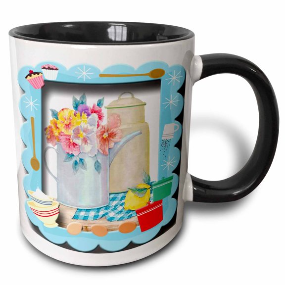 3drose, Cupcake Eggs and Cooking Fun Frame with Pretty Watering Can with Flowers and Lemon, 11oz Two-tone Black Mug