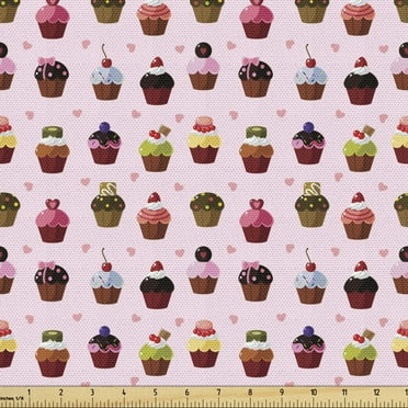 Ambesonne Cupcake Fabric by the Yard Upholstery, Colorful Yummy Cupcakes, 5 Yards, Multicolor
