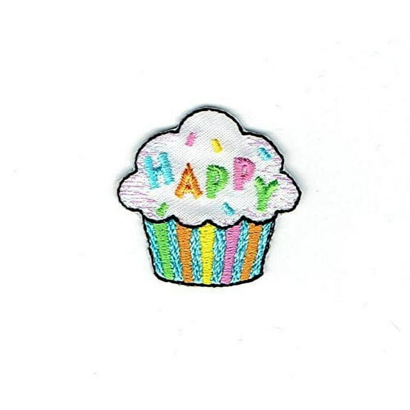 Cupcake - Happy - Striped - Iron On Applique/Embroidered Patch