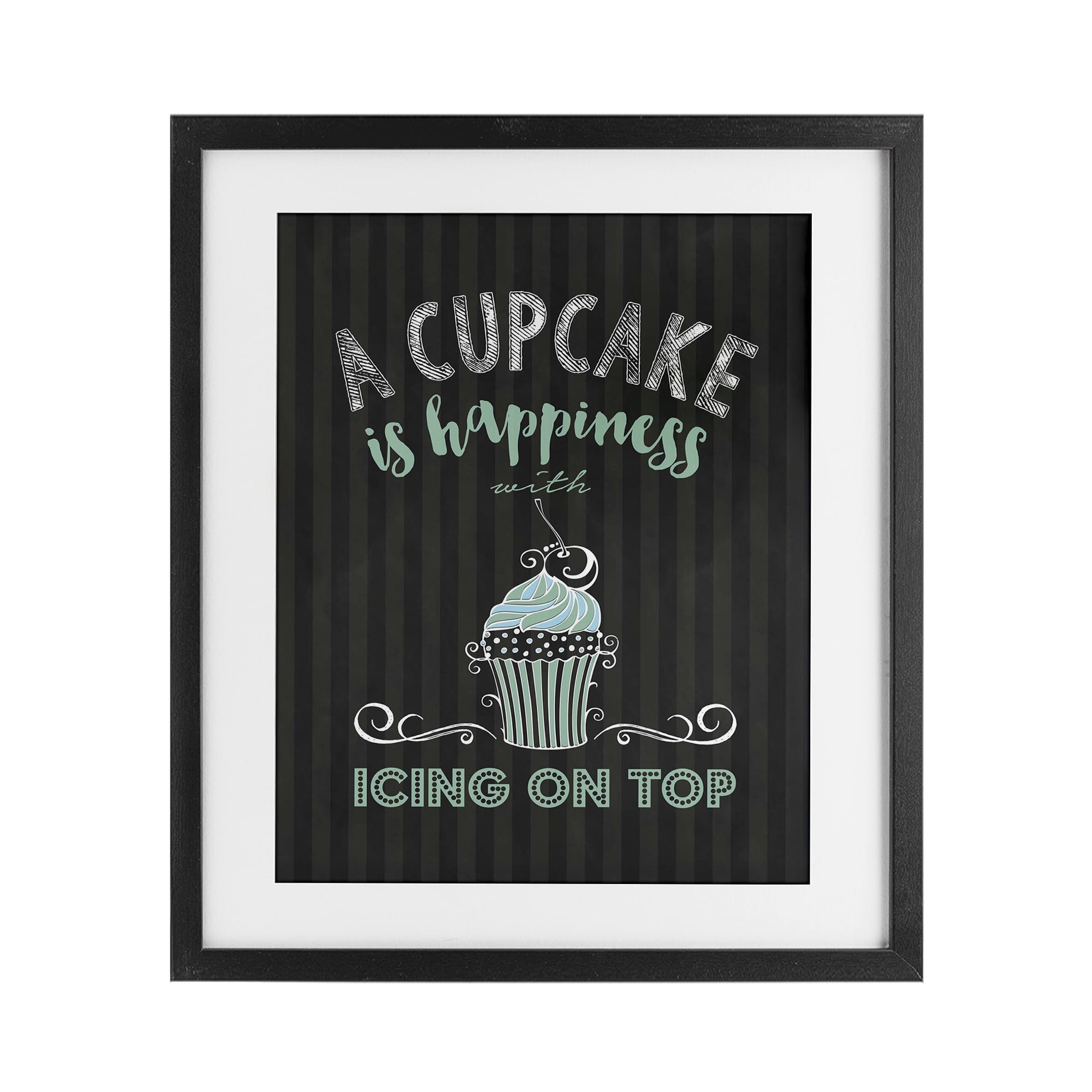 Cupcake Is Happiness with Icing Black Framed Print Under Glass, design by Lettered and Lined
