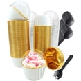 thumbnail image 1 of Cupcake Liners with Dome Lids 100Pack, 3.5Oz Mini Foil Muffin Liners, Disposable Cupcake Tins Cupcake Wrappers for Wedding Birthday Party, with Spoons-White in Gold, 1 of 4