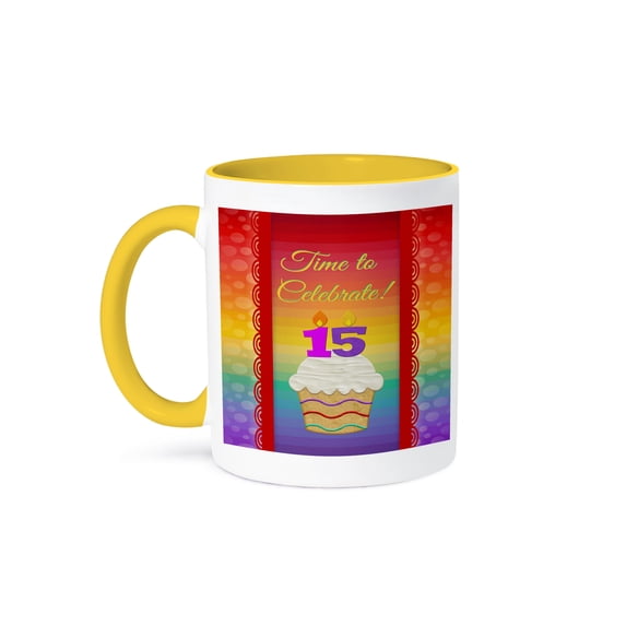 3dRose, Cupcake, Number Candles, Time, Celebrate 15 Years Old Invitation , 15oz Two-Tone Yellow Mug