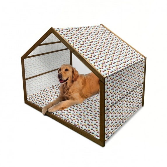 Cupcake Pet House, Celebration Cakes on Polka Dots with Various Flavored Toppings and Pinky Icing, Outdoor & Indoor Portable Dog Kennel with Pillow and Cover, 5 Sizes, Multicolor, by Ambesonne