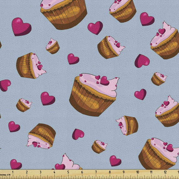 Ambesonne Cupcake Fabric by the Yard Upholstery, Valentines Day Theme Cakes, 2 Yards, Multicolor