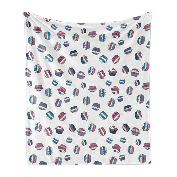 Cupcake Soft Flannel Fleece Blanket, Continuous Muffin Cakes with Whipped Cream and Sprinkles on Top Pattern, Cozy Plush for Indoor and Outdoor Use, 50" x 60", White and Multicolor, by Ambesonne
