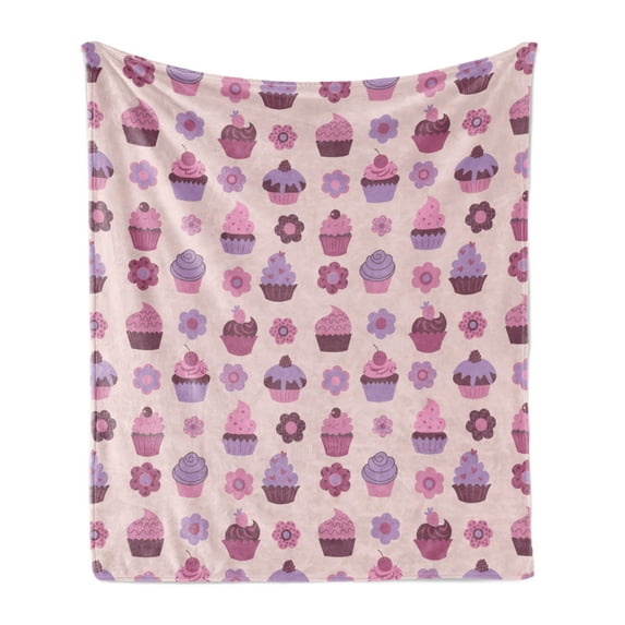 Cupcake Soft Flannel Fleece Blanket, Tasty Bakery Food and Flowers Muffins with Cherry on Top Illustration Print, Cozy Plush for Indoor and Outdoor Use, 50" x 60", Pearl Pale Fuchsia, by Ambesonne