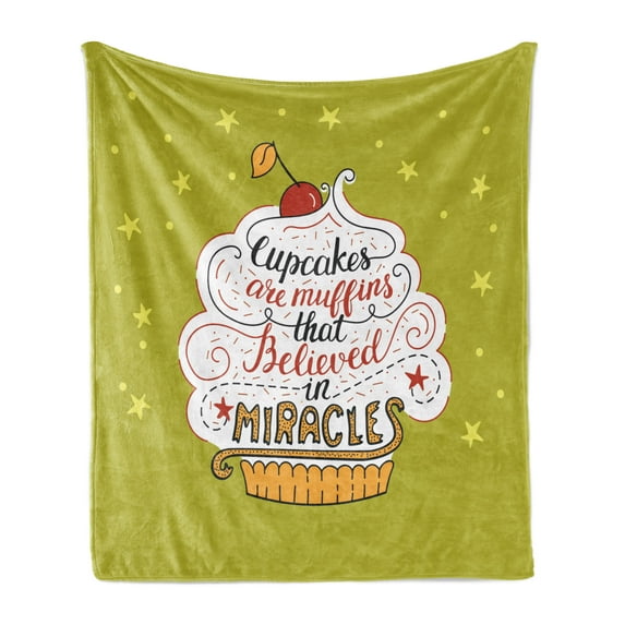 Cupcake Soft Flannel Fleece Throw Blanket, Cupcakes are Muffins that Believed in Miracles Lettering, Cozy Plush for Indoor and Outdoor Use, 60" x 80", Apple Green Vermilion, by Ambesonne