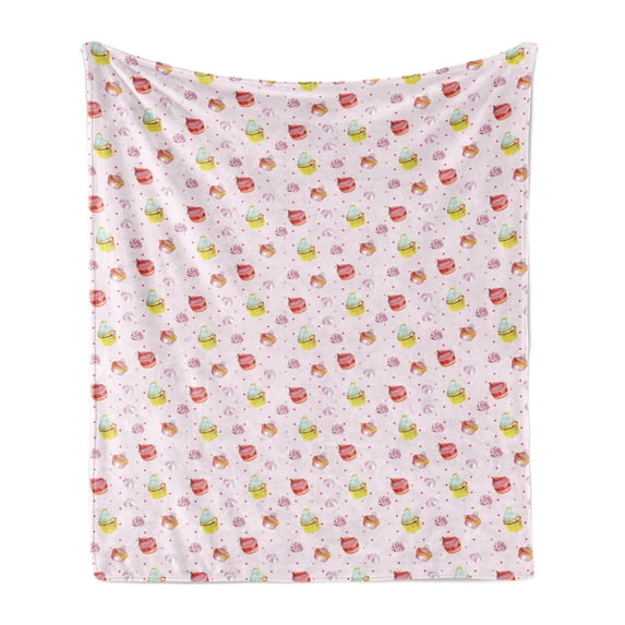 Cupcake Soft Flannel Fleece Throw Blanket, Wedding Celebration Muffins with Whipped Cream Roses Dots Valentines Day Theme, Cozy Plush for Indoor and Outdoor Use, 70" x 90", Multicolor, by Ambesonne