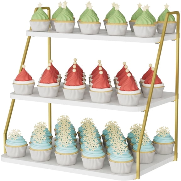 Cupcake Stand, 3-Tier Dessert Stand for 55 Cupcakes, Wood & Metal Tower Display Premium Holder Dessert Tree Tower for Christmas Birthday Weddings Party Decor, Serving Tray, White & Gold