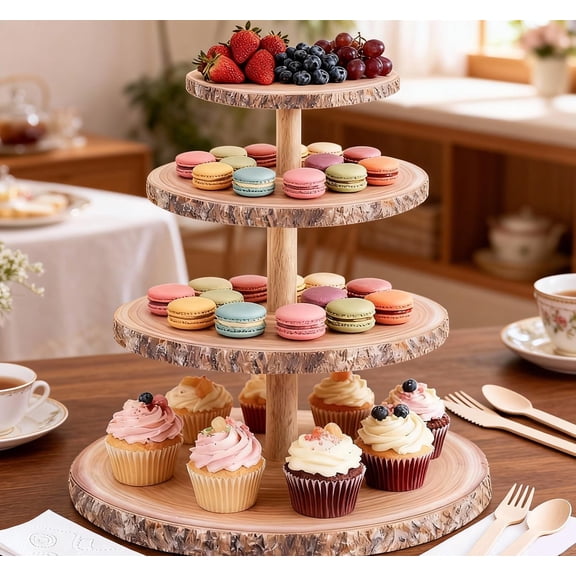 Cupcake Stand, 4 Tier Large Cupcake Stand Rustic Dessert Table Display Set Wood Cupcake Tower Cake Stand Tiered Tray Stand for Wedding Birthday Shower Comes with 10 Sets Wooden Utensils