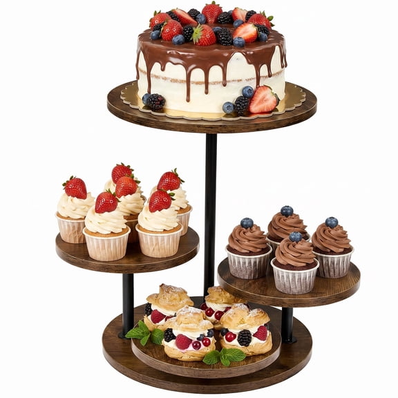 4-Tier Wooden Cupcake Stand & Farmhouse Dessert Display Rack – Asymmetrical Vintage Brown Serving Tray for Parties, Weddings & Home Decor