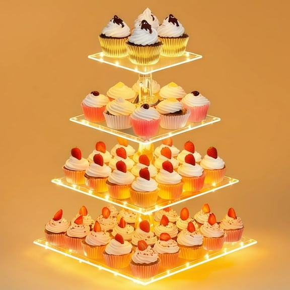 4 Tiers Cupcake Stand with Light, Square Acrylic Cupcake Tower with Warm LED Strip, Battery Operated Dessert Holder for Birthday, Candy Bar, Weddings, Shower, Party Table Centerpiece