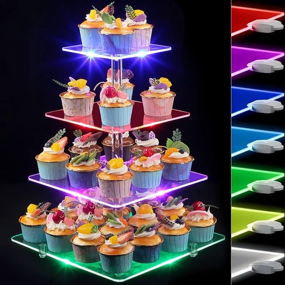 Cupcake Stand with Light - 4 Tiered Cupcake Tower Tree - Clear Cupcake Holder for 52 Cupcakes - LED Dessert Pastry Display Stand for Parties, Celebrations, And Events
