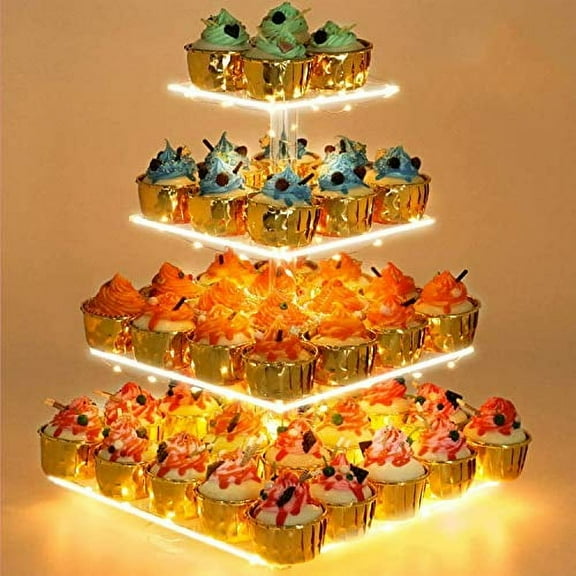 Cupcake Stand - Premium Cupcake Holder - Acrylic Cupcake Tower Display - Cady Bar Party Décor - 4 Tier Acrylic Display for Pastry + LED Light String - Ideal for Weddings, Birthday (Yellow Light)